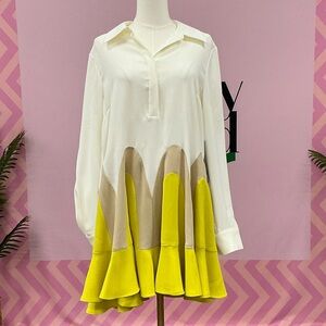 Tuckernuck Ivory Dress with Beige Panels and Yellow Ruffle Hem